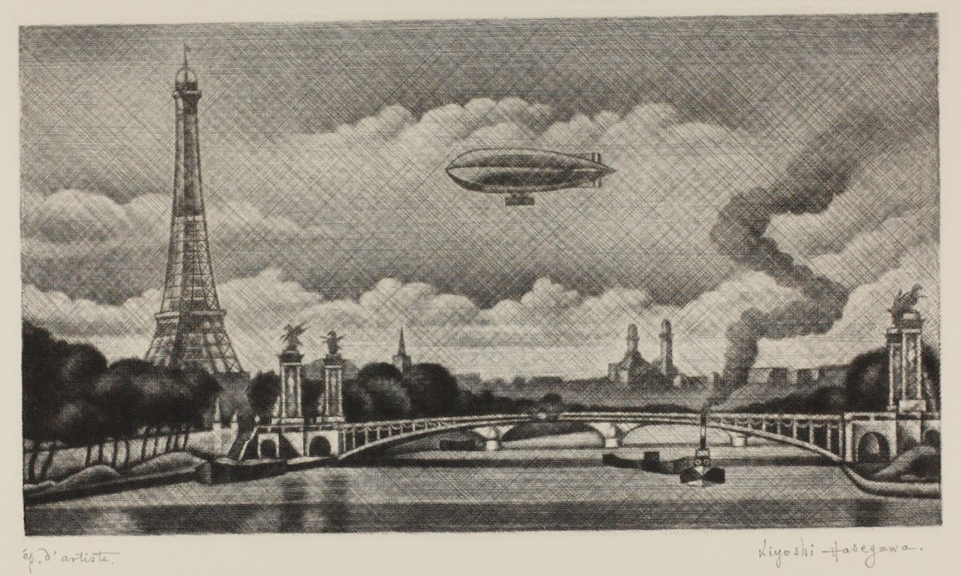 プレスリリースより　アレクサンドル三世橋とフランスの飛行船　1930年、メゾチント、137×307