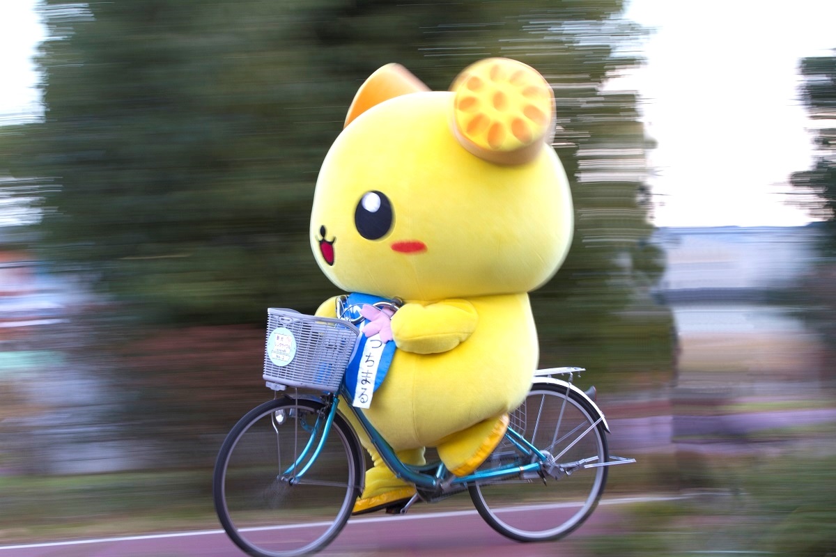 自転車の街・土浦をレンタサイクルで滑走するつちまる君。目にもとまらぬ速さとはこのこと！