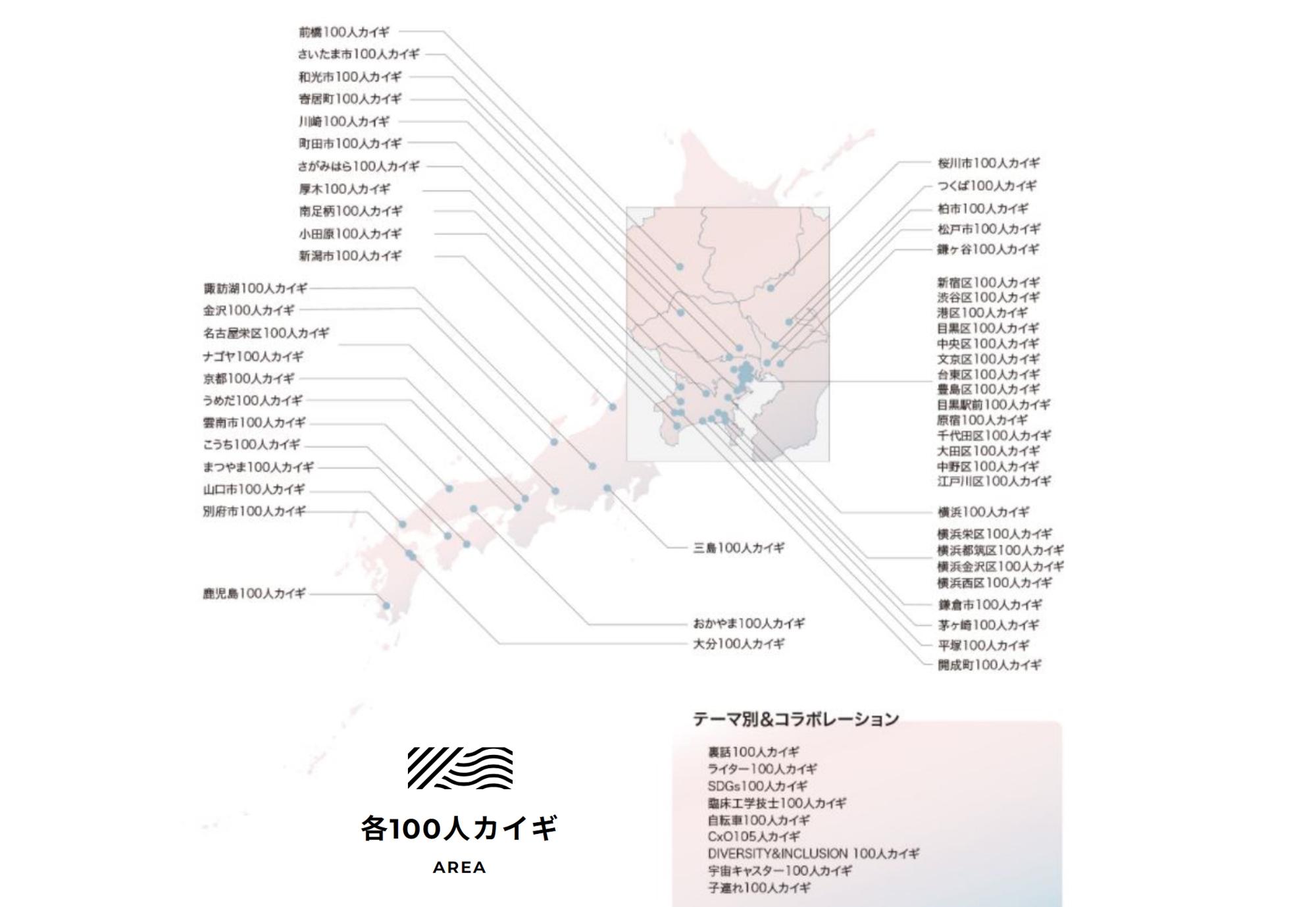 東京都港区から始まり全国各地に広まる。現在、「カイギ」を開催している地域は50以上にのぼる。（出典：「100人カイギ」公式サイトより）