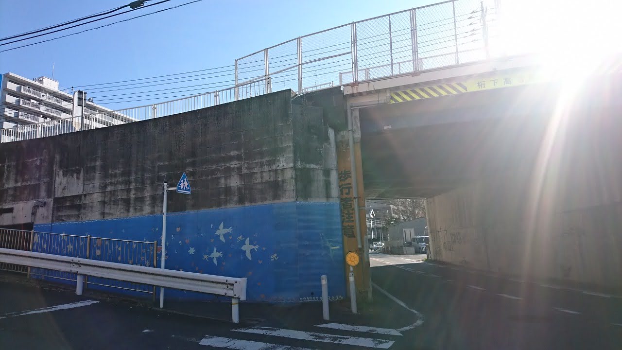 右の車道のトンネル部分ではなく、左の青い壁の横にある歩行者用のトンネルを利用してください。