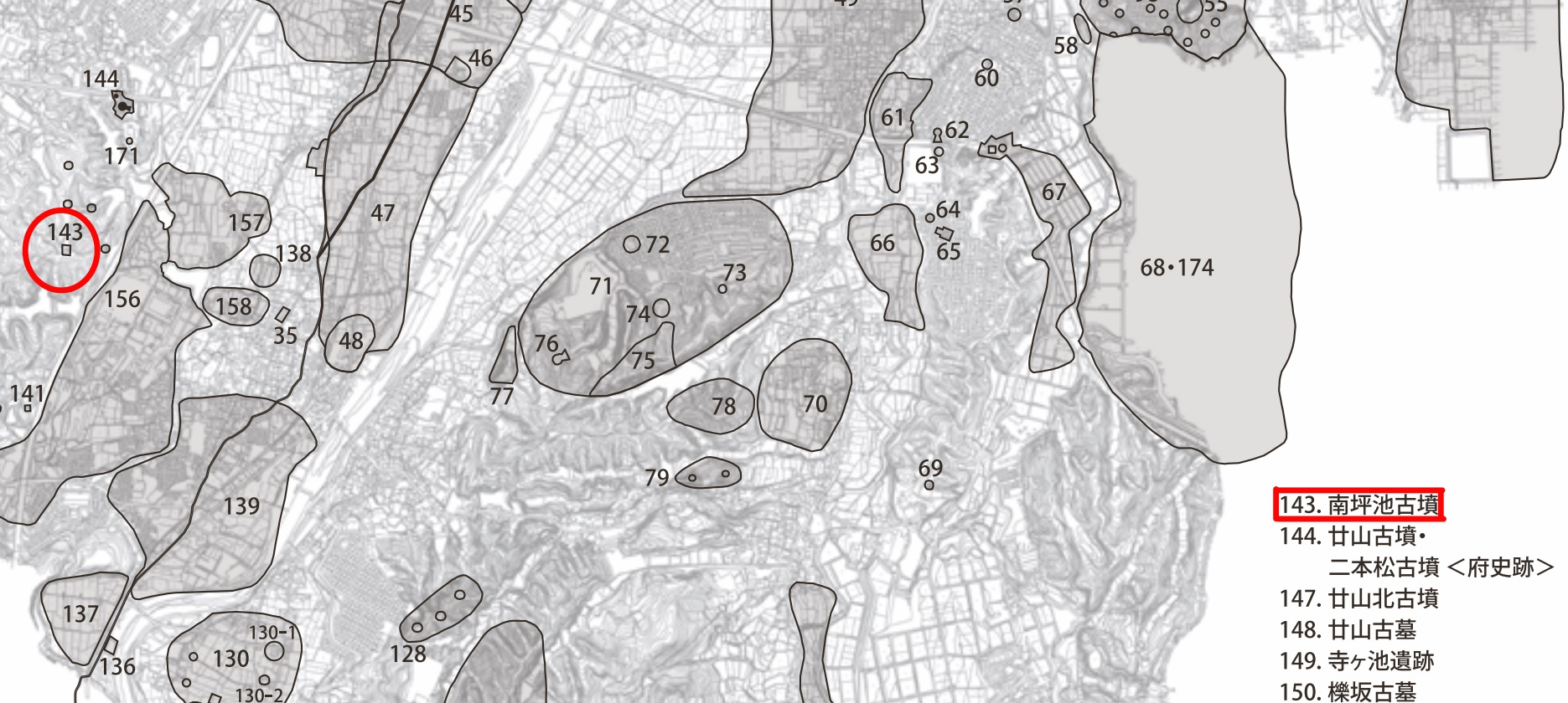 富田林市内遺跡群発掘調査報告書にある市内遺跡分布図の一部抜粋